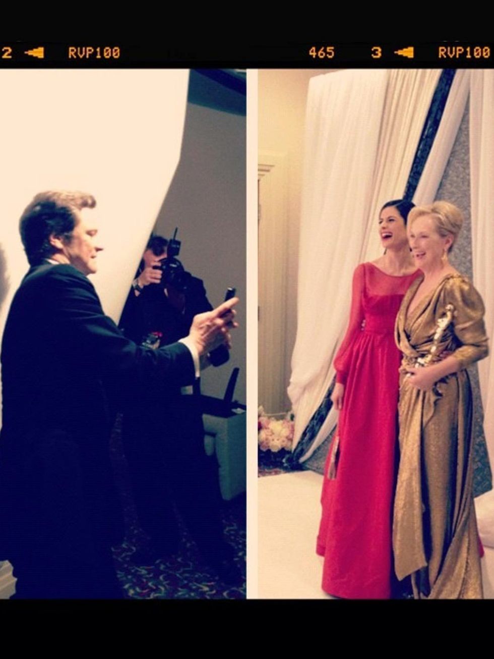 <p>Colin Firth snapping Livia and Meryl at the Oscars</p>