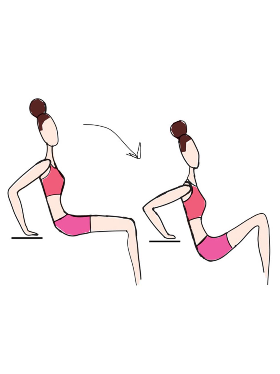 <p>Place your arms at a right angle and parallel to each other behind you. When you make the dip, make sure your core stays firm and your arms are working throughout the movement.</p>