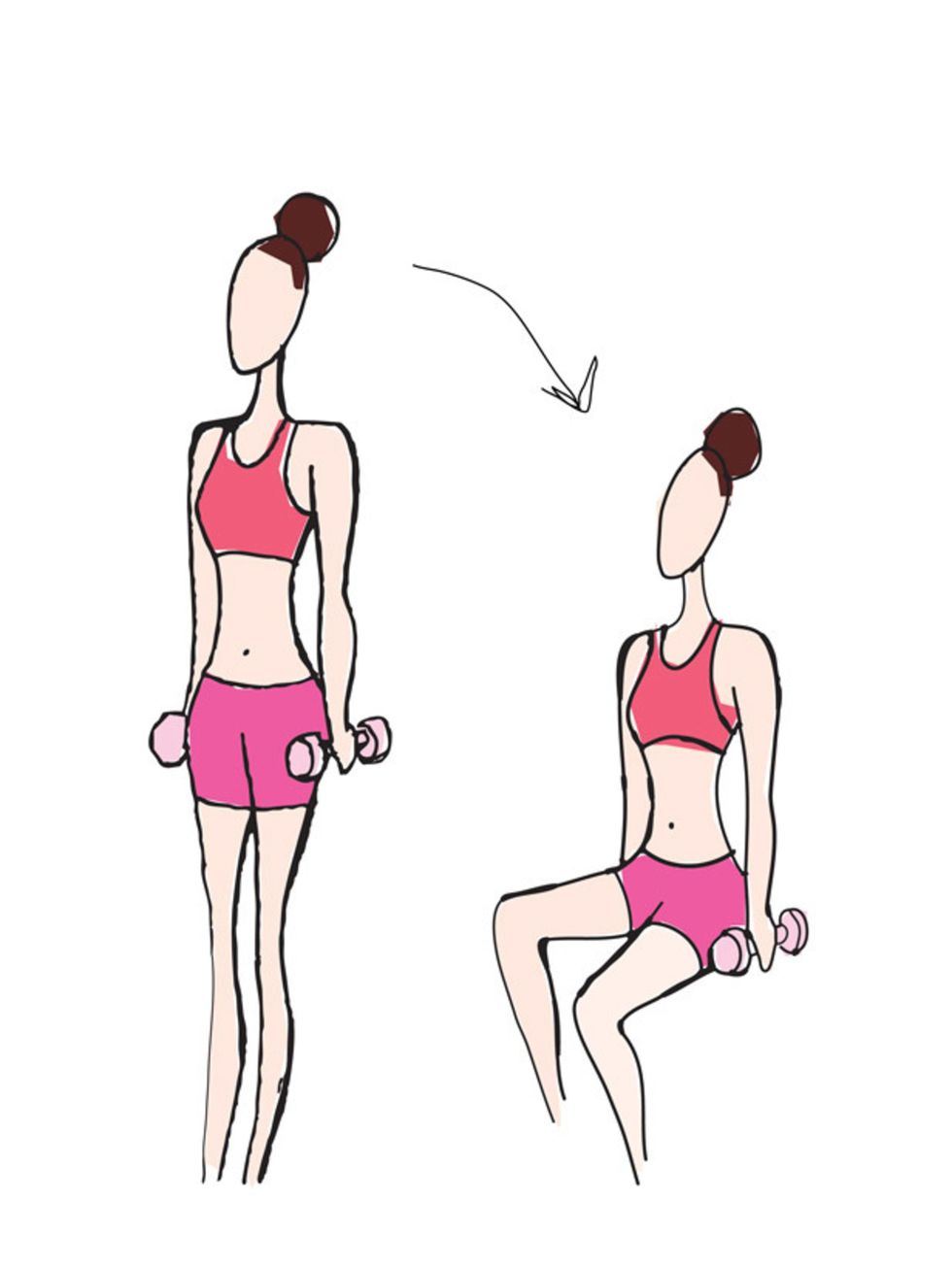 <p>3. Squat holding dumbells at your sides</p><p>Put legs shoulder length apart and squat down as low as possible. Keep your core engaged and push up through your thighs.</p>