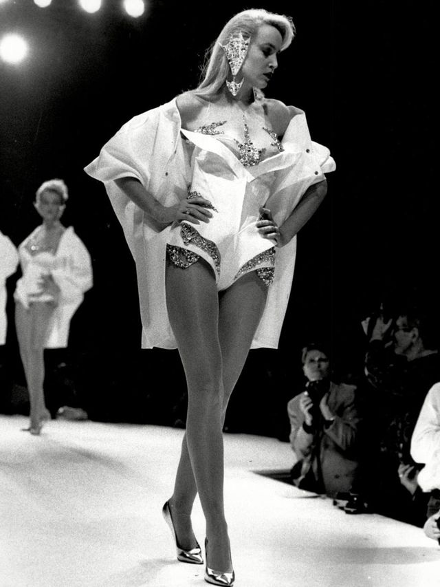 <p>Jerry Hall wears a swimsuit on the catwalk</p>