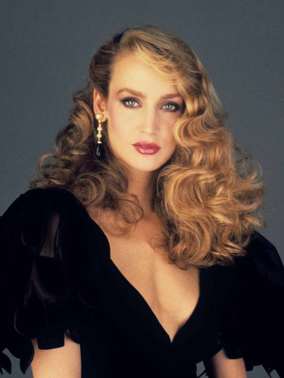 <p>A portrait of Jerry Hall in 1979</p>