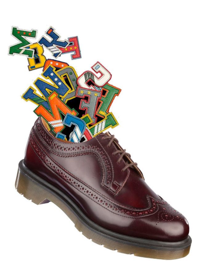 <p>A collage of a Dr Marten shoe and Prada monogram badges</p>