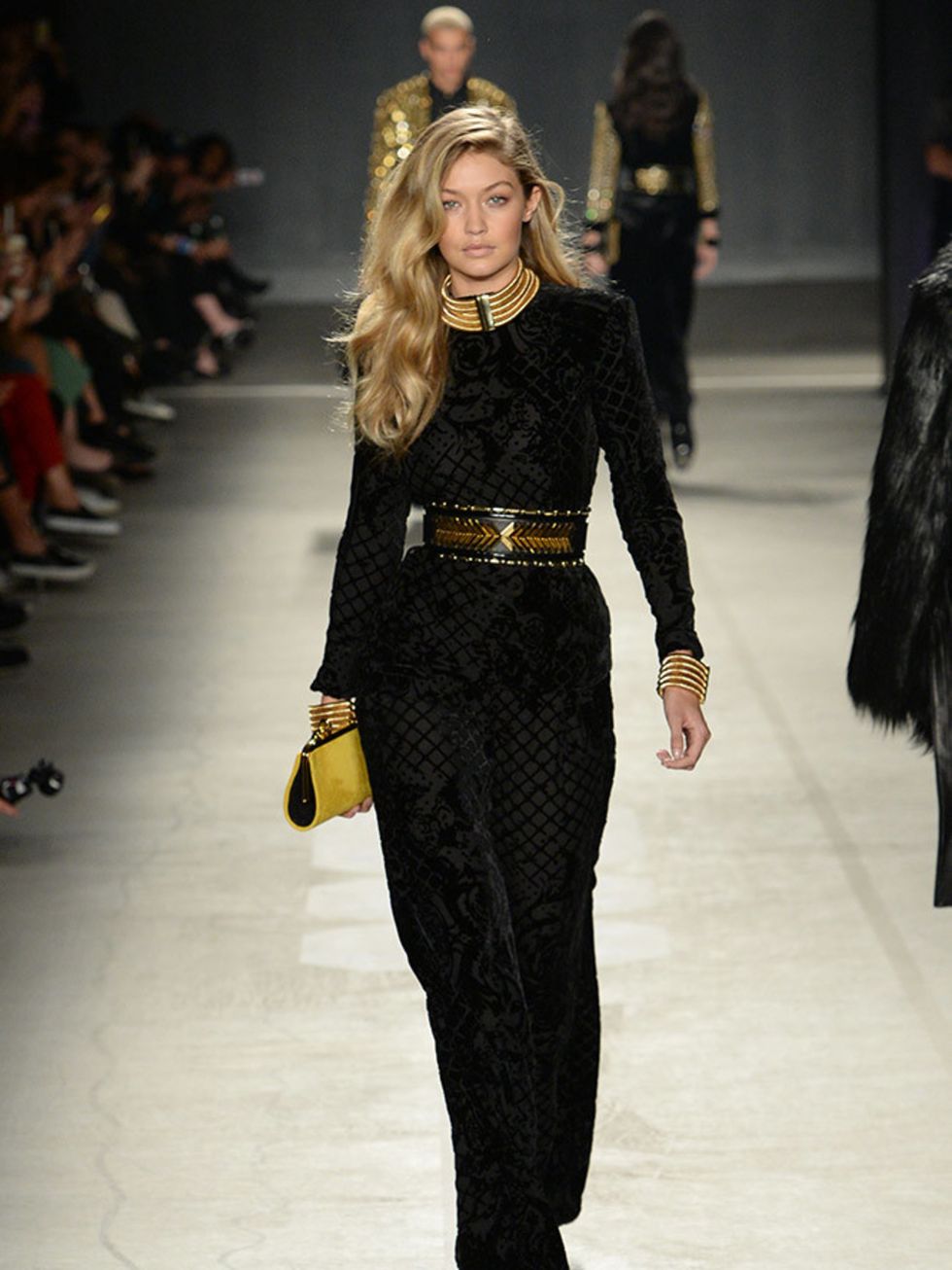 <p>Gigi Hadid walks in the H&M x Balmain catwalk show.</p>