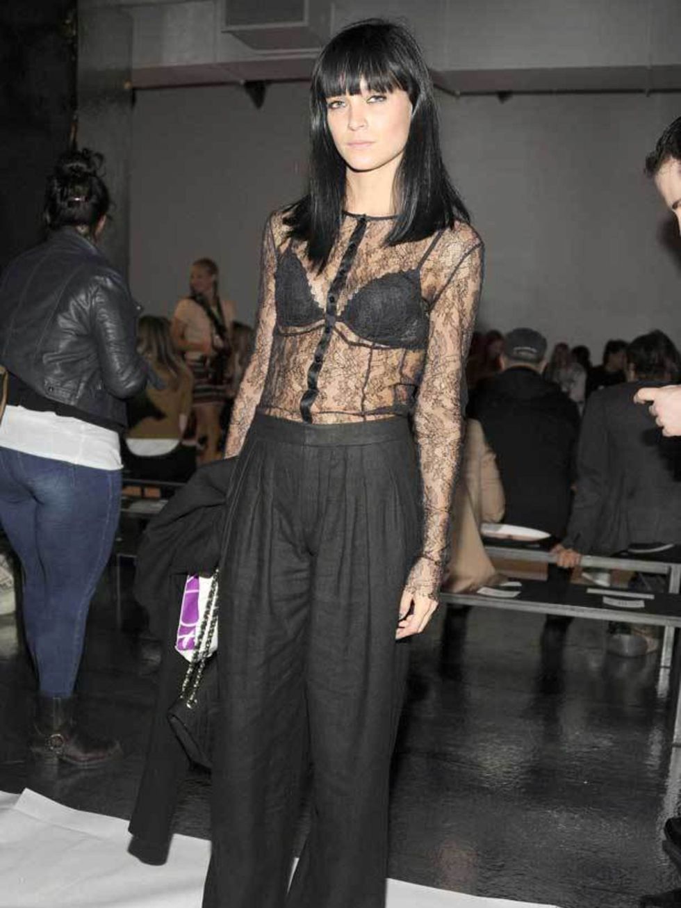 <p><a href="http://www.elleuk.com/starstyle/style-files/(section)/leigh-lezark">Leigh Lezark</a> wearing a sheer lace blouse front row at the <a href="http://cms.elleuk.com/catwalk/collections/kanye-west/">Kanye West</a> SS12 show, October 2011</p>