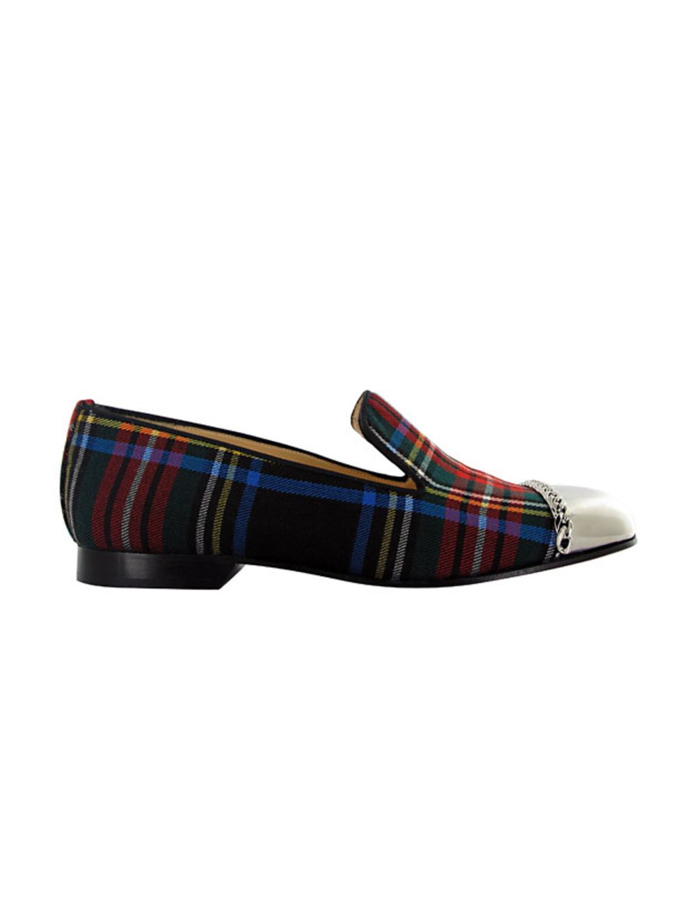 <p>Christina Louboutin tartan smoking slippers, £635, for stockists call 0207 491 0033</p>