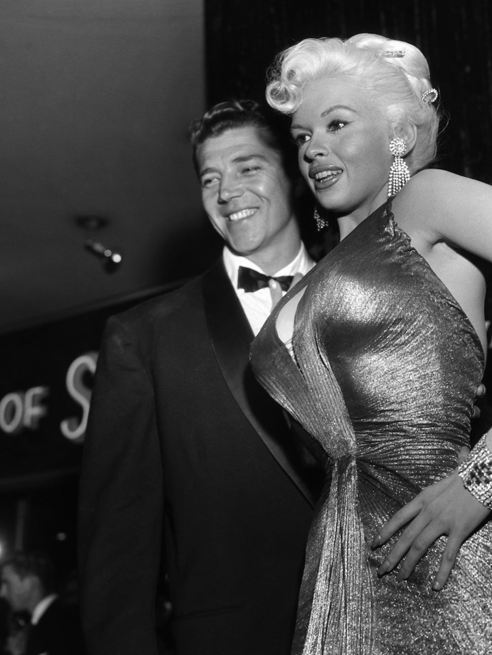 Actress, nightclub entertainer and singer Jayne Mansfield was a great advocate of the tightly fitting draped fabrics that later became sheerer and sheerer as The Naked Dress evolved. (1955)