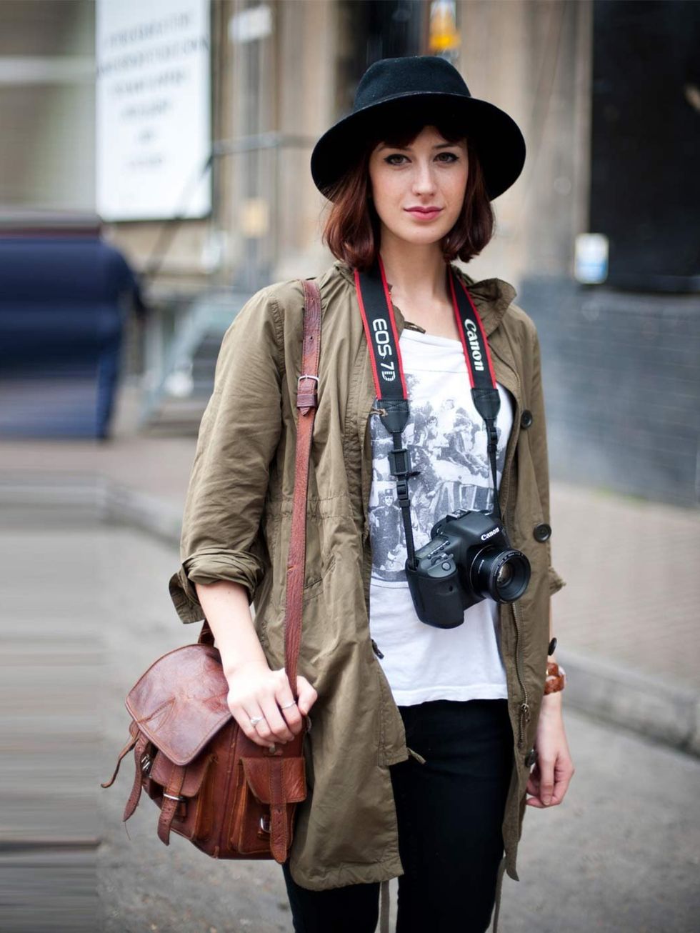 <p>Connie, 25. Uniqlo jacket, Topshop t-shirt and jeans, vintage hat and bag, Trivia watch.</p>