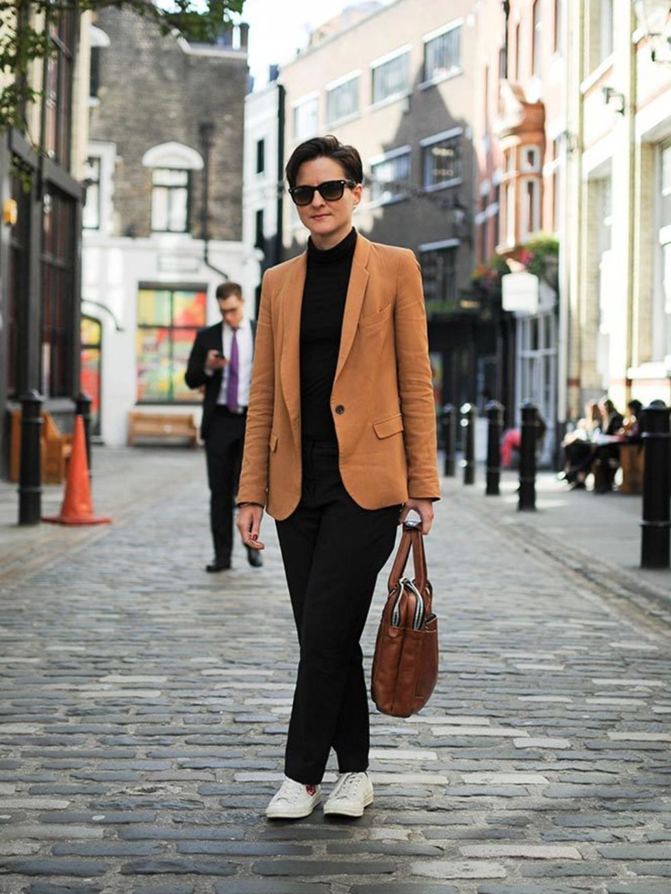 Lotte Jeffs , Deputy Editor
Zara blazer, Topshop poloneck, Phillip Lim trousers, Comme Des Garcons shoes,, Ray Ban sunglasses, briefcase from a shop in Antwerp