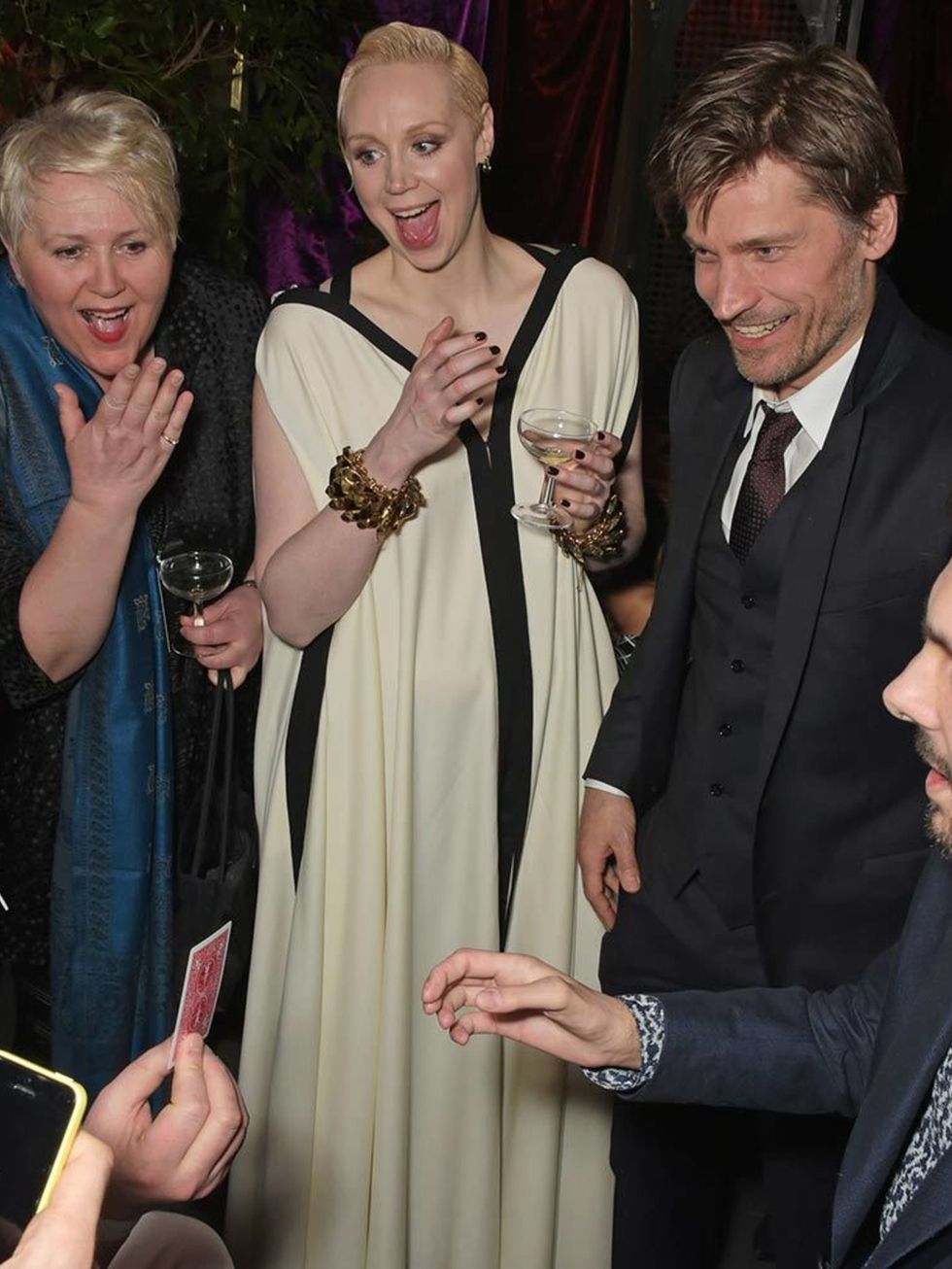 Giles Deacon, Gwendoline Christie, Nikolaj Coster-Waldau and Dynamo attend the 'Game Of Thrones: Season 5' UK Premiere After Party at the Tower of London, March 2015.
