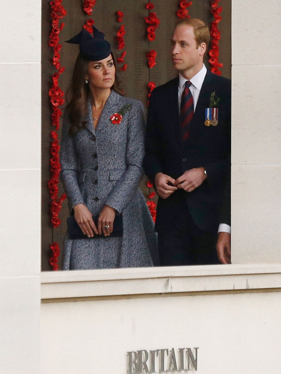 <p>Kate and William walk along the poppy-lined World War One Wall of Remembrance during their visit to the Australian War Memorial on ANZAC Day.</p>