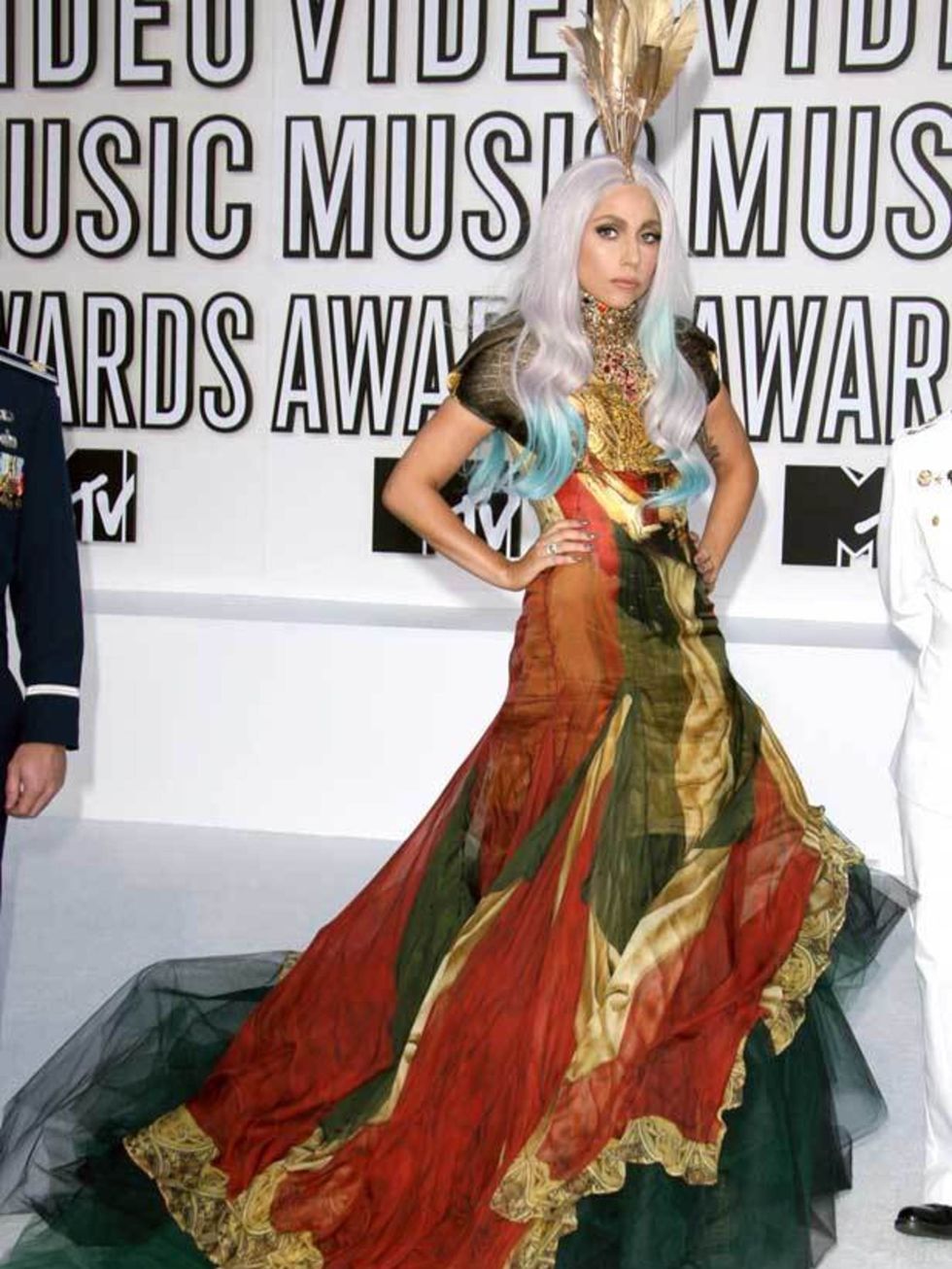<p><a href="http://www.elleuk.com/starstyle/style-files/%28section%29/lady-gaga">Lady Gaga</a> wearing <a href="http://www.elleuk.com/catwalk/collections/alexander-mcqueen">Alexander McQueen</a> at the VMAs, 2010</p>