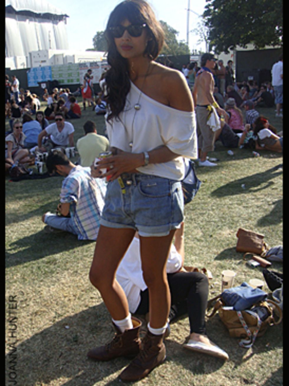 <p>Jameela Jamil (22) is a T4 presenter. Her cropped top, denim shorts and men's boots are all vintage finds.</p>