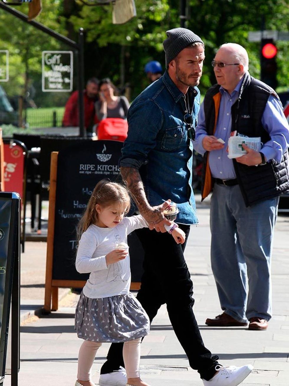 Harper and David step out for an ice cream in Primrose Hill, May 2015.