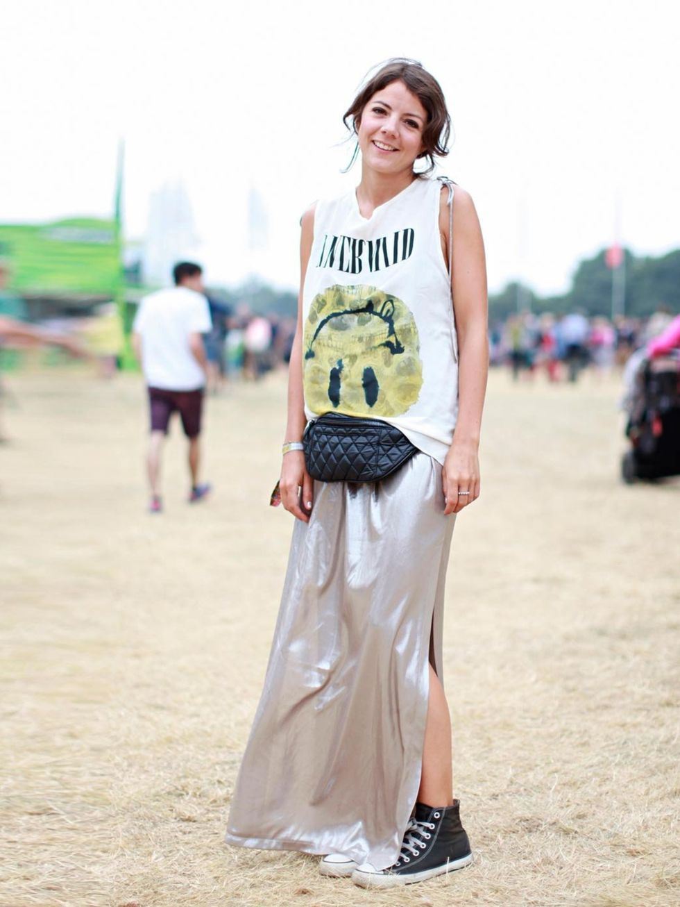 <p>Clare Drummond in Topshop dress and bumbag, All Saints t-shirt and Converse.</p>