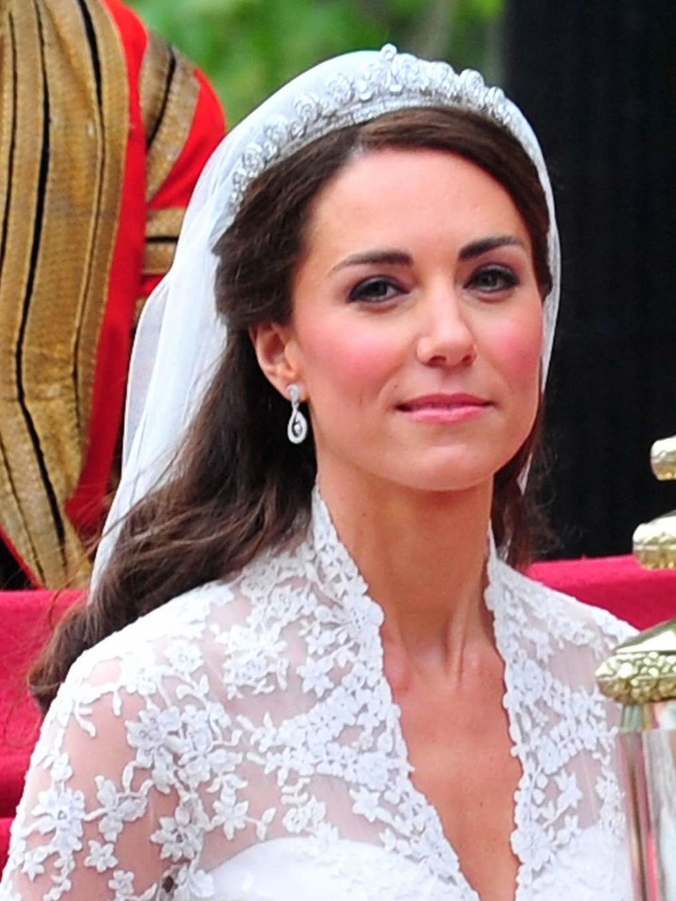 <p><a href="http://www.elleuk.com/star-style/celebrity-style-files/kate-middleton">Kate Middleton</a> wearing a diamond tiara and earrings on her <a href="http://www.elleuk.com/star-style/celebrity-fashion-trends/the-royal-wedding">royal wedding day</a>, 