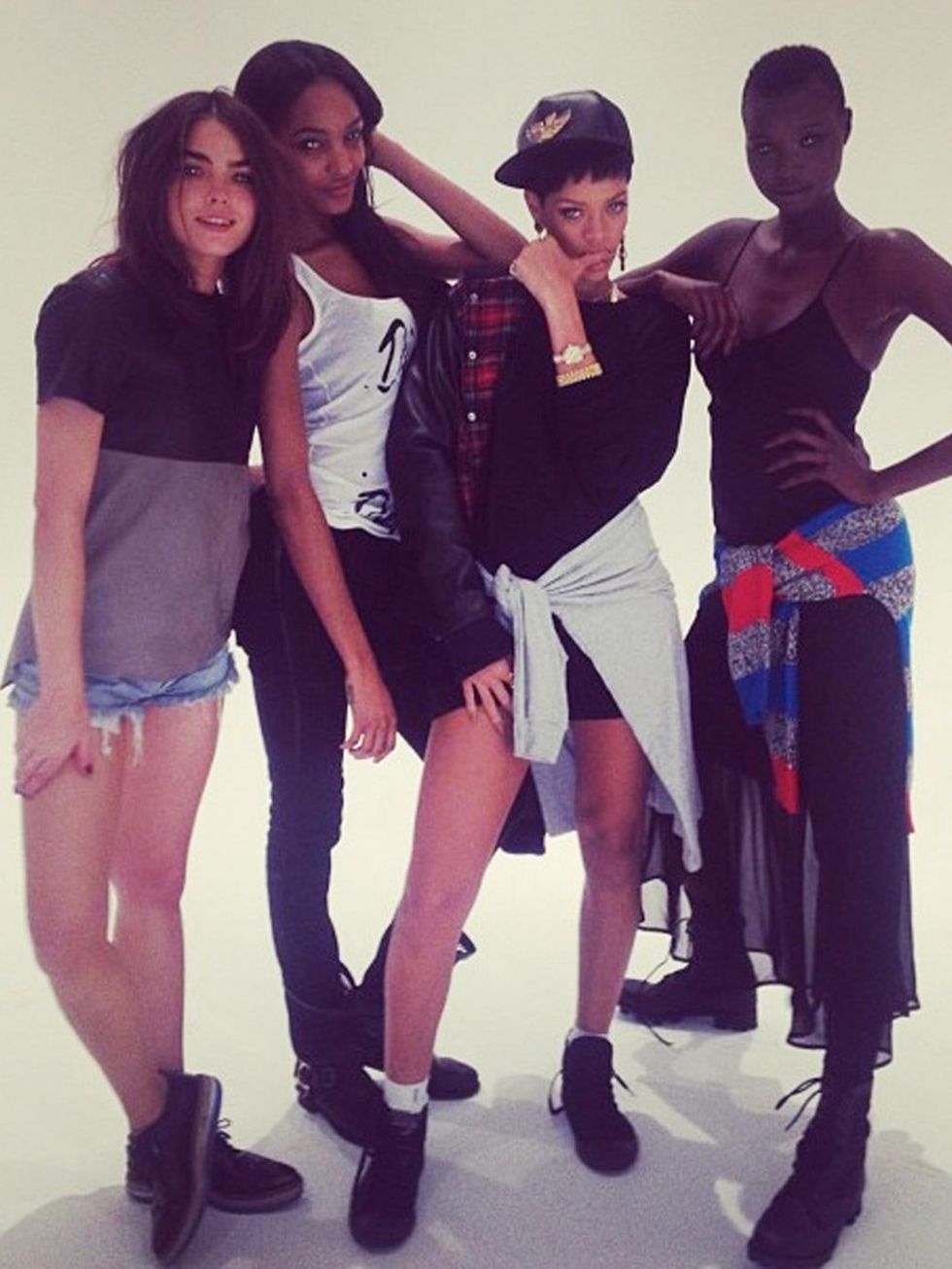 <p>Rihanna with models on the River Island campaign shoot.</p>
