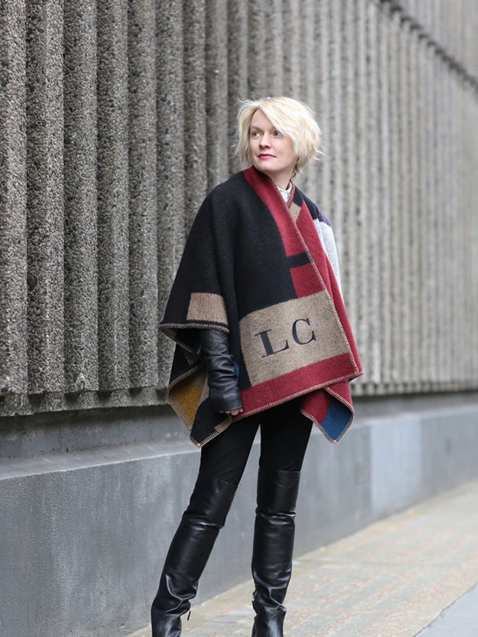 <p>Day 5:</p>

<p>Lorraine Candy - Editor-in-Chief</p>

<p>Burberry blanket, Rick Owens leather jacket, Carven shirt and Prada boots.</p>