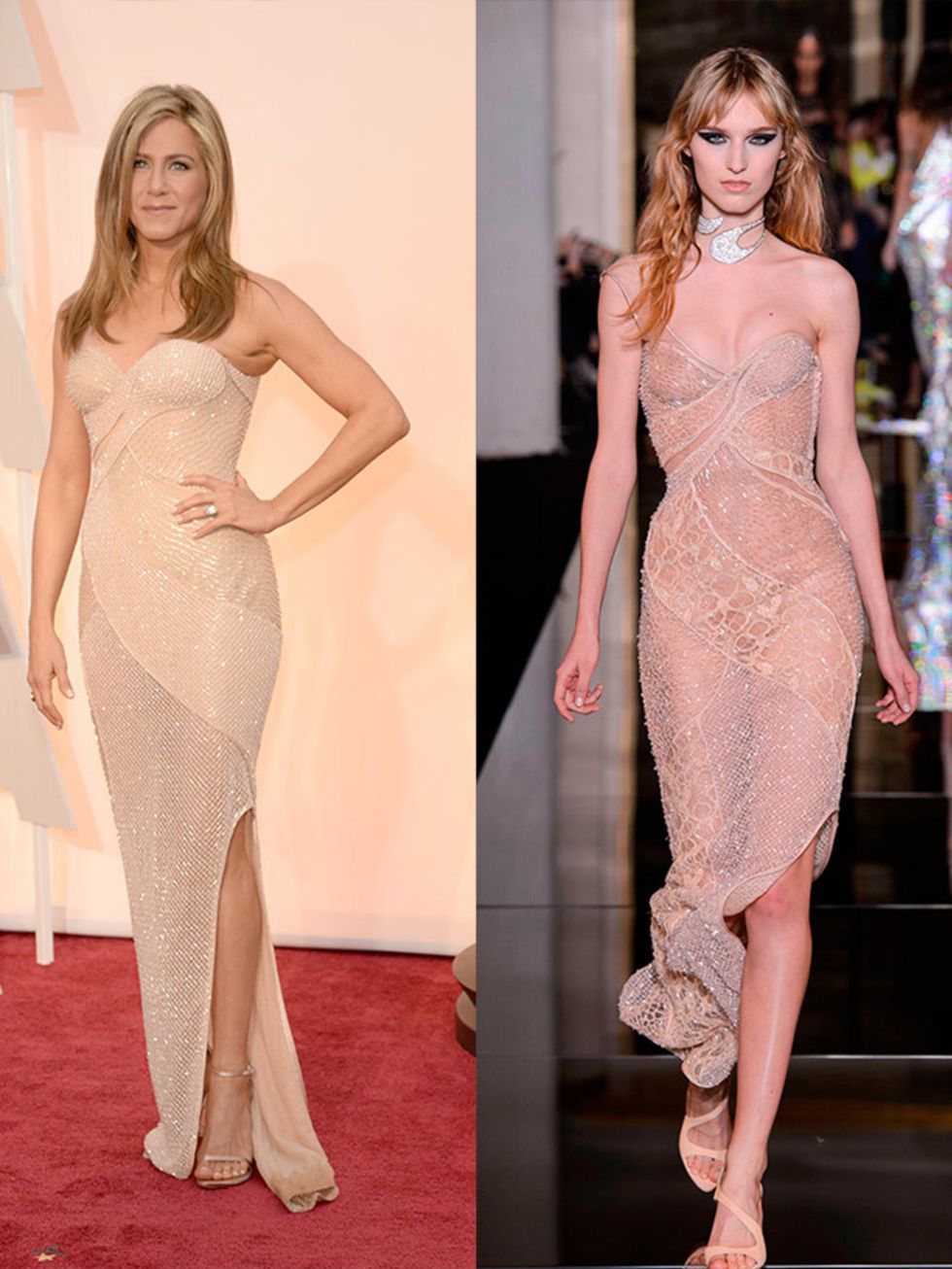 <p>Jennifer Aniston wears Atelier Versace Spring 2015 Couture at the 2015 Oscars, February 2015.</p>