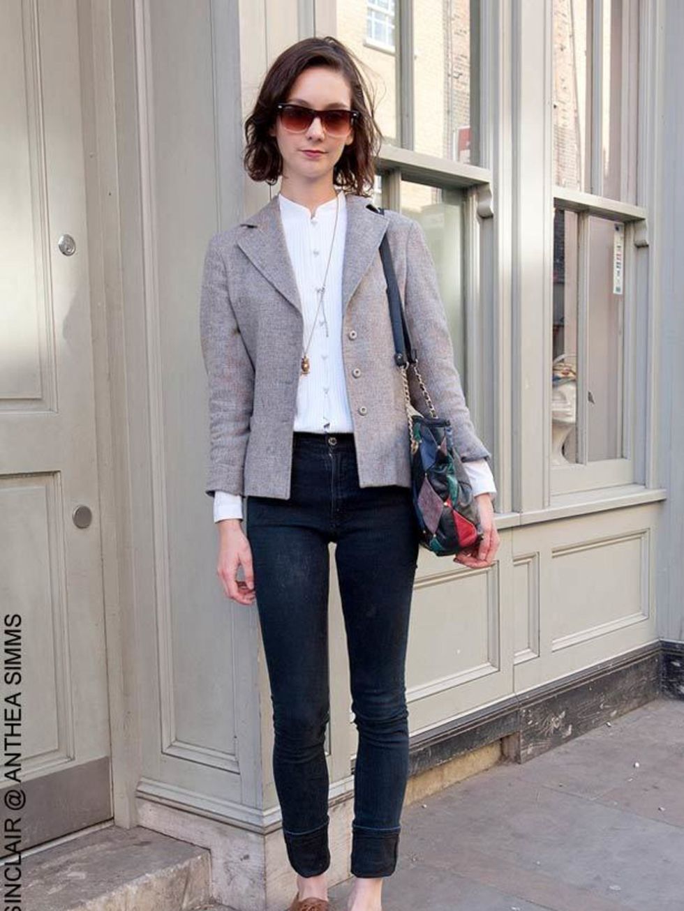 <p>Rachel, 22, Waitress. Vintage jacket, blouse from Deptford Market, Nudie jeans, Office shoes, vintage sunglasses and bag.</p>