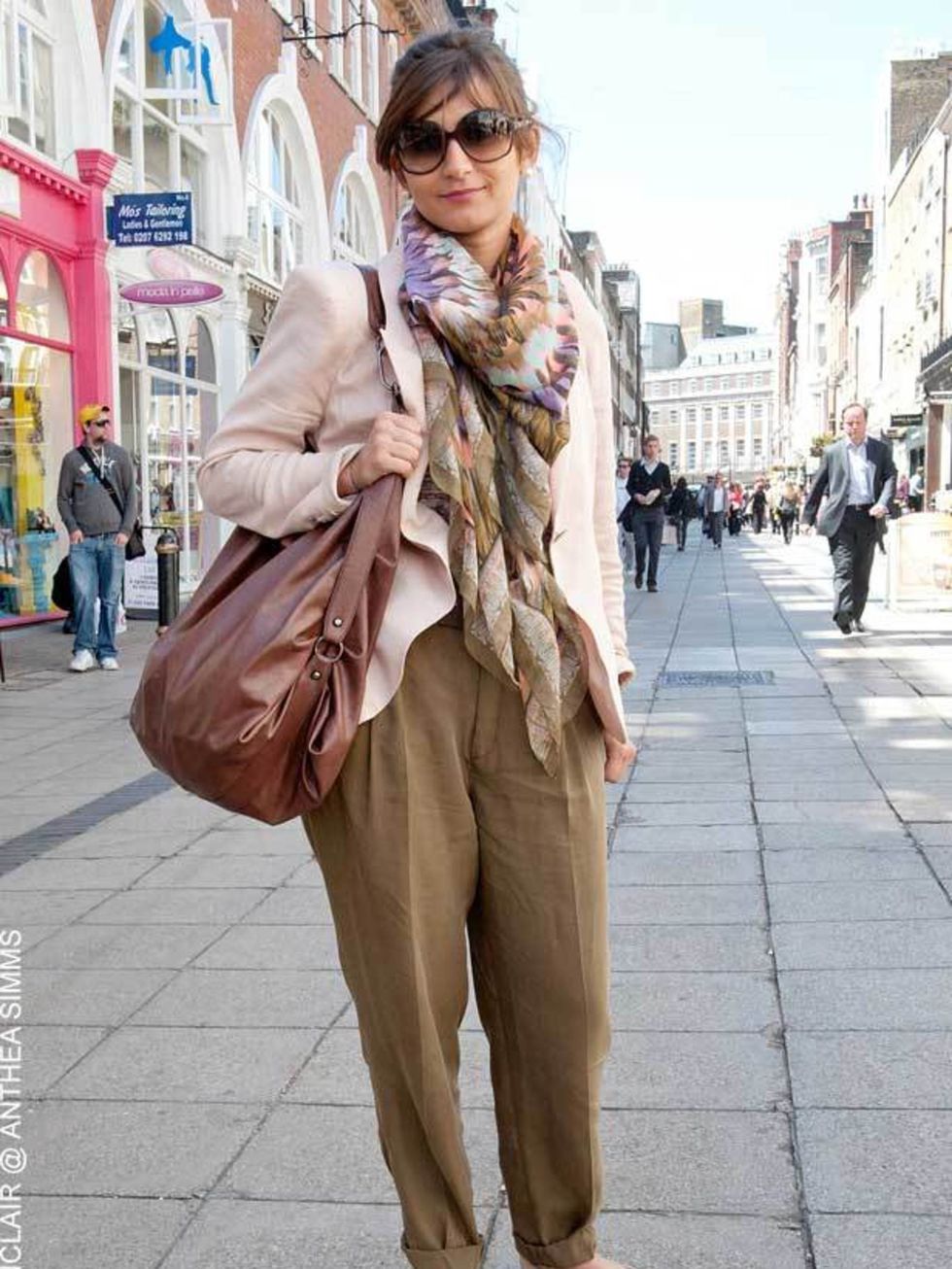 <p>Teona, 22, Mens Tailor. Zara jacket, trousers, belt and bag, H&amp;M top, Topshop shoes, Gucci sunglasses. </p>
