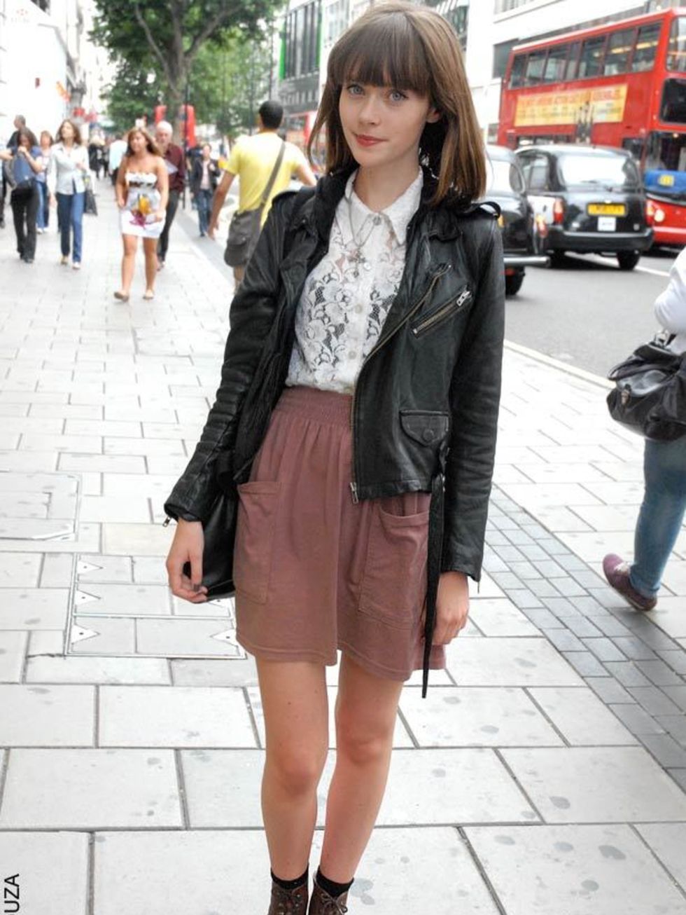 <p>Claire, 18, Student. Religion jacket, vintage top, American Apparel skirt, vintage boots. </p>