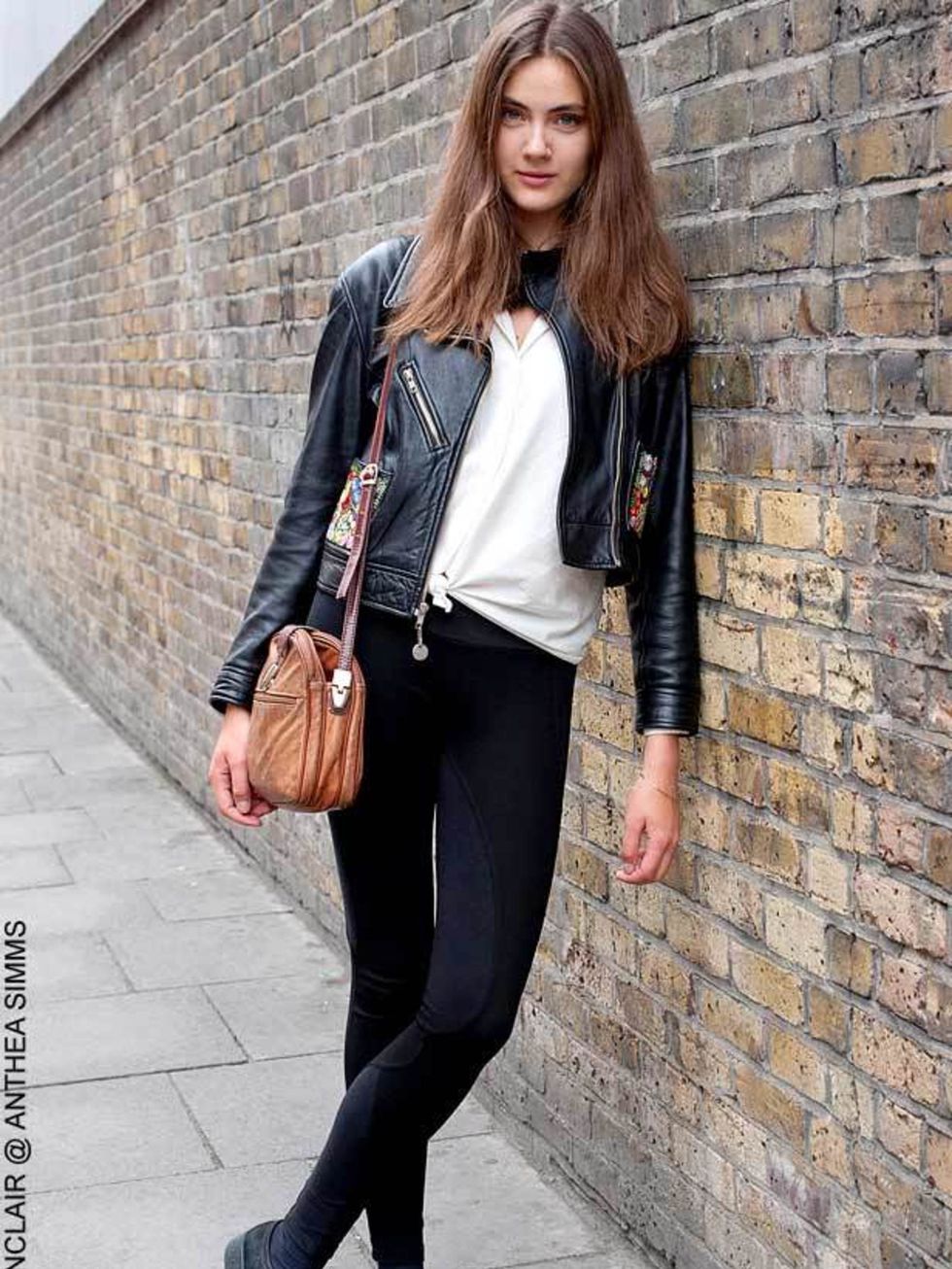 <p>Simona, 21, Model. Kenzo vintage jacket, Zara leggings, vintage blouse, shoes and bag. </p>