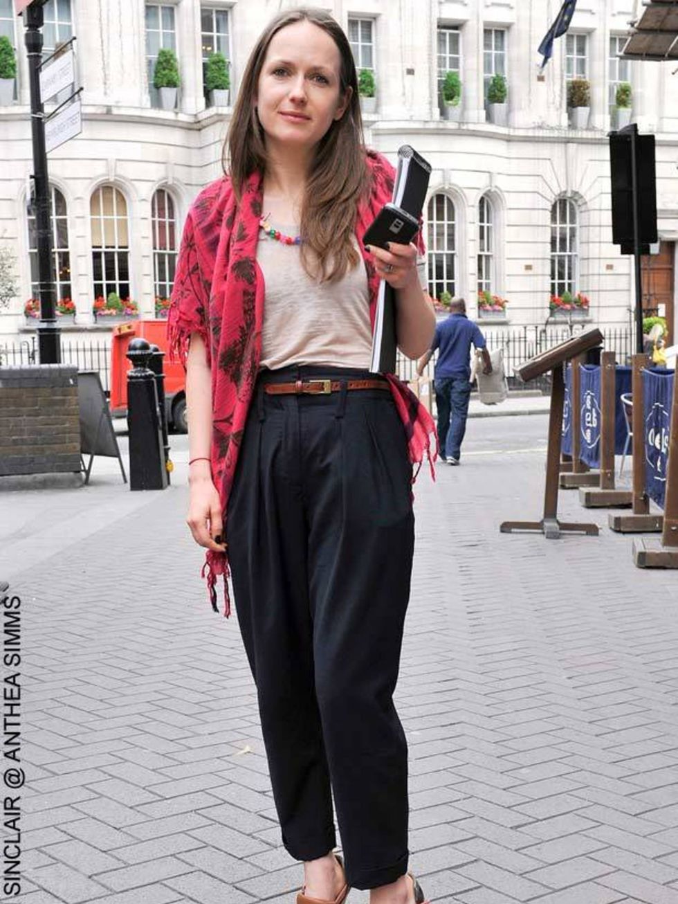 <p>Arlette, 26, Liberty. ??Whistles trousers, friend's t-shirt, Marni shoes, ?Mulberry belt, friend's scarf</p>