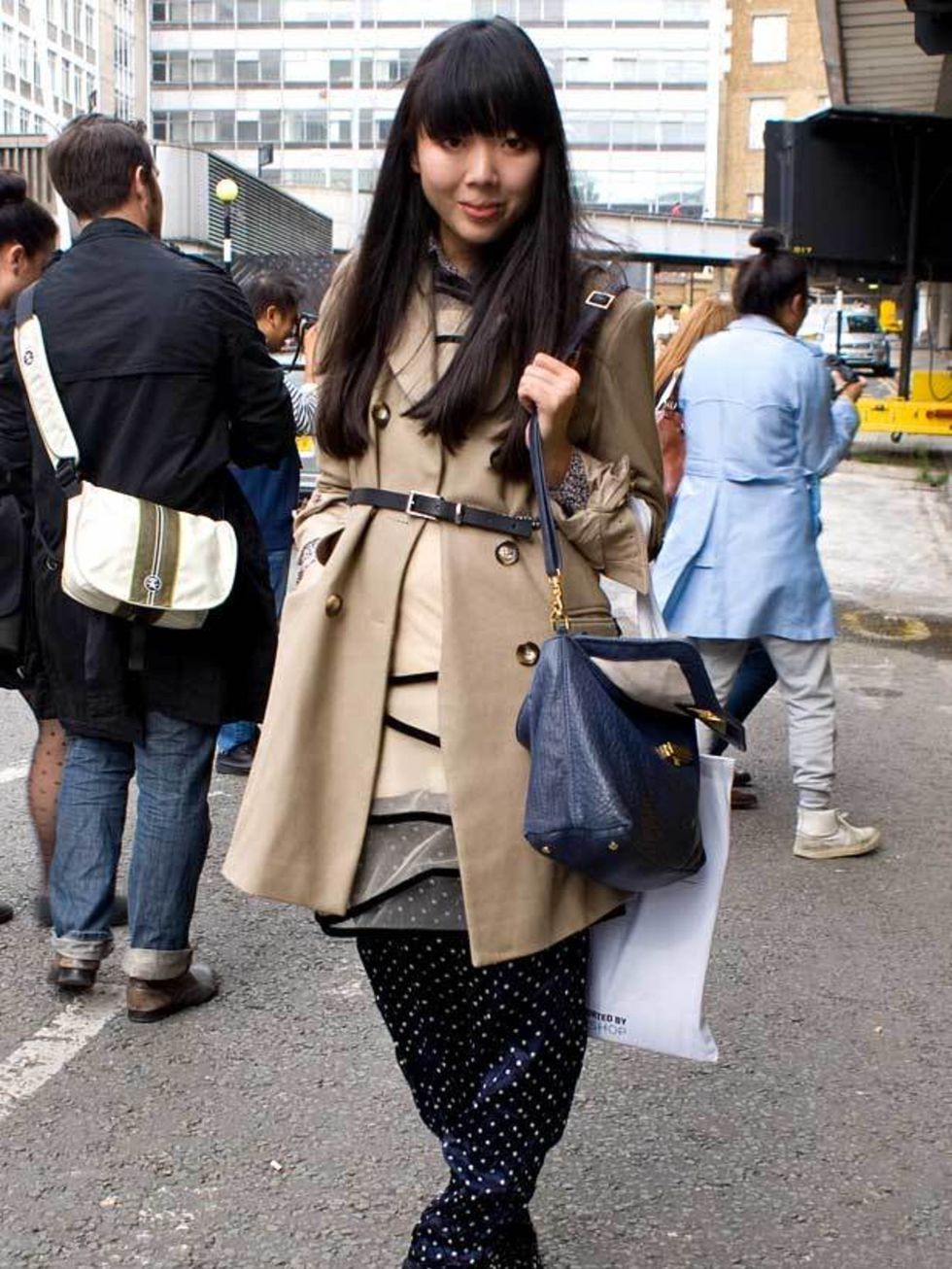 <p>Susie Bubble, 26, Blogger. ASOS coat, Calvin Klein dress, vintage trousers, Tori Burch bag, Doc Martin boots. </p>