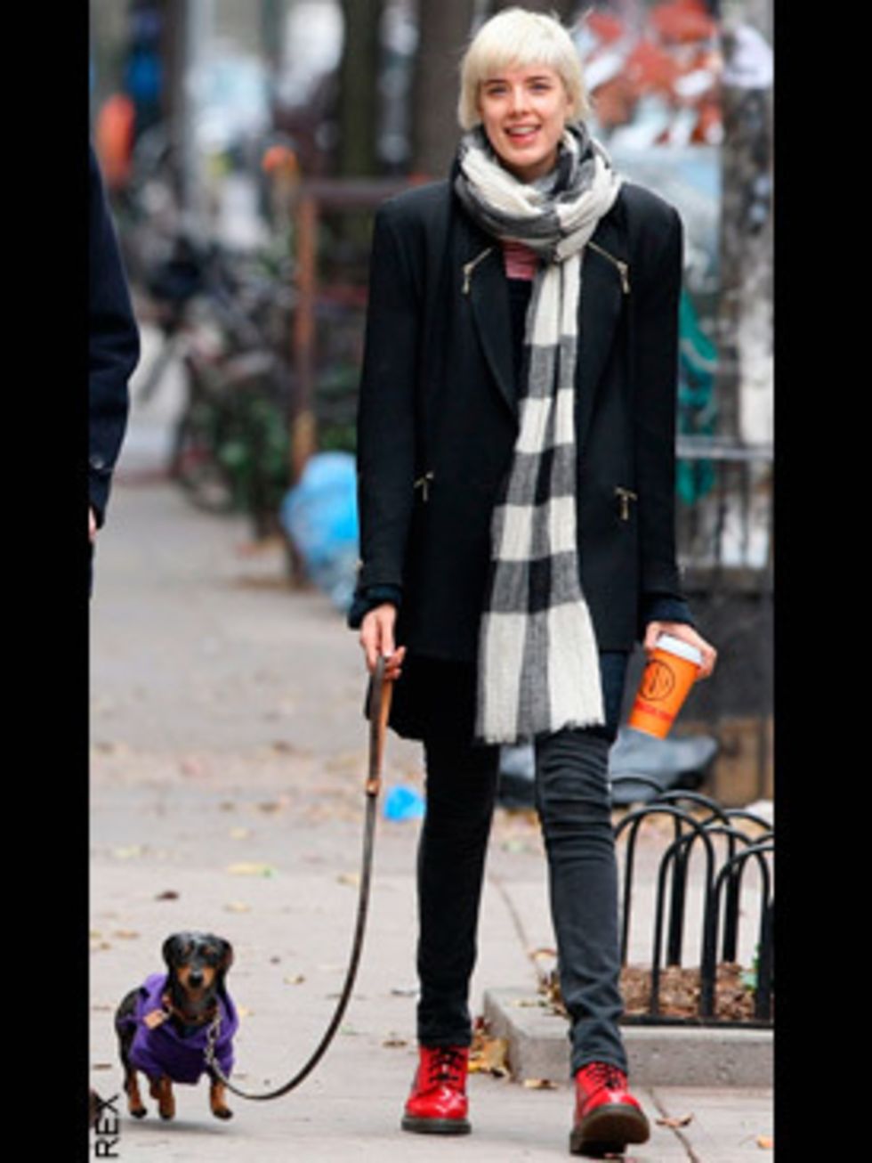 <p>Leading the charge, as ever, is with Aggy as she takes to the pavement in skinny jeans, an over-sized shoulder-padded jacket, checked scarf and bright red Doc Martens - miniature dog optional. Steal Aggy's style with a statement scarf - <a href="http:/