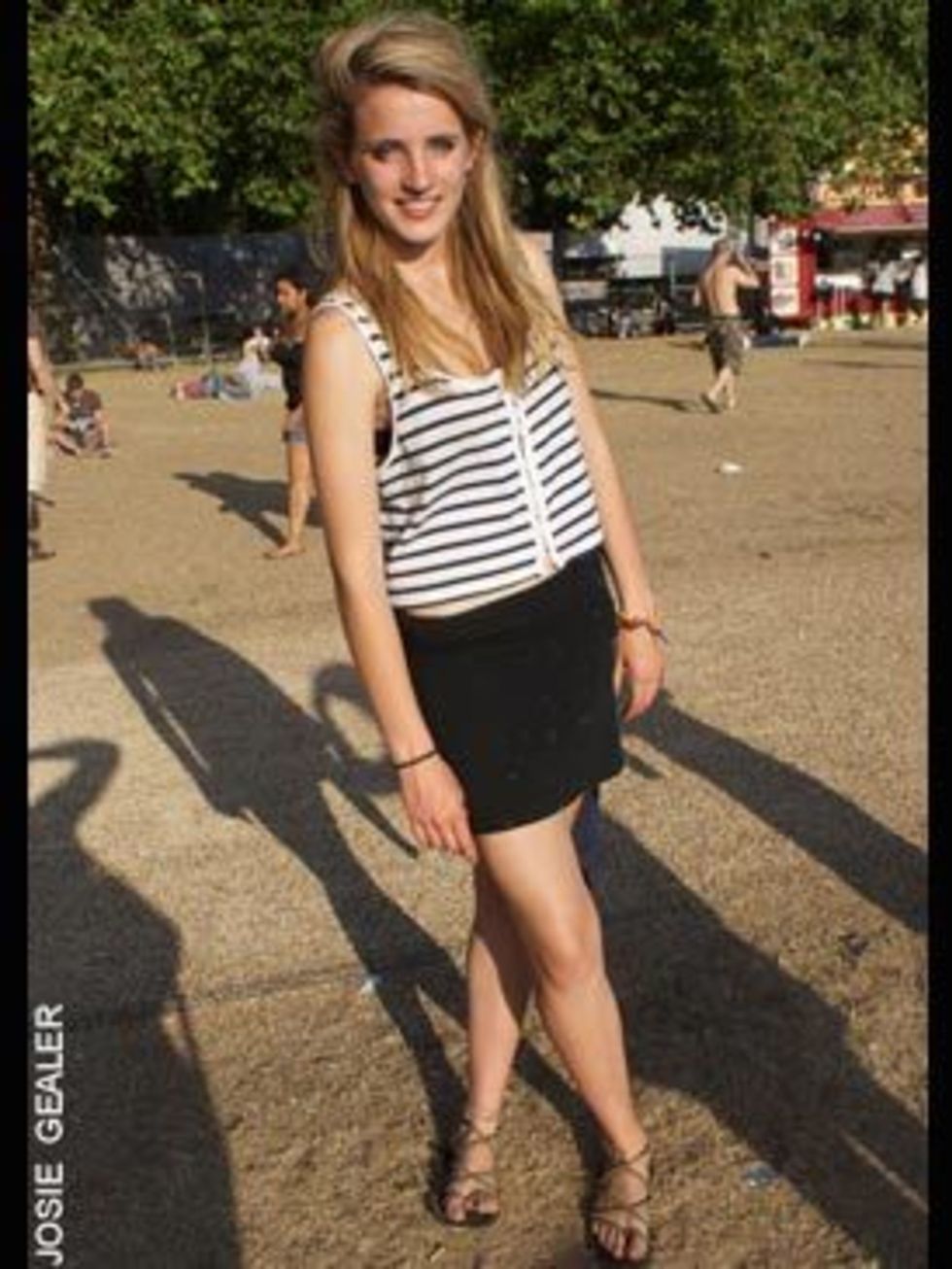 <p>Hattie is wearing an American Apparel dress pushed down so it looks like a skirt with her nautical Topshop crop top. The rest of her outfit is by Topshop</p>