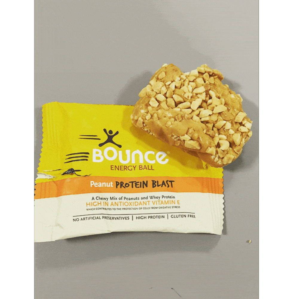 <p>Bounce Energy Ball Peanut Protein Blast, 49g</p>

<p>Kcal: 210</p>

<p>Fat: 8g</p>

<p>Carbohydrate: 19g</p>

<p>Protein: 14g</p>

<p>Verdict: During a period of time in my life I practiaclly lived off these (yes, an expensive time of my life). Then I 