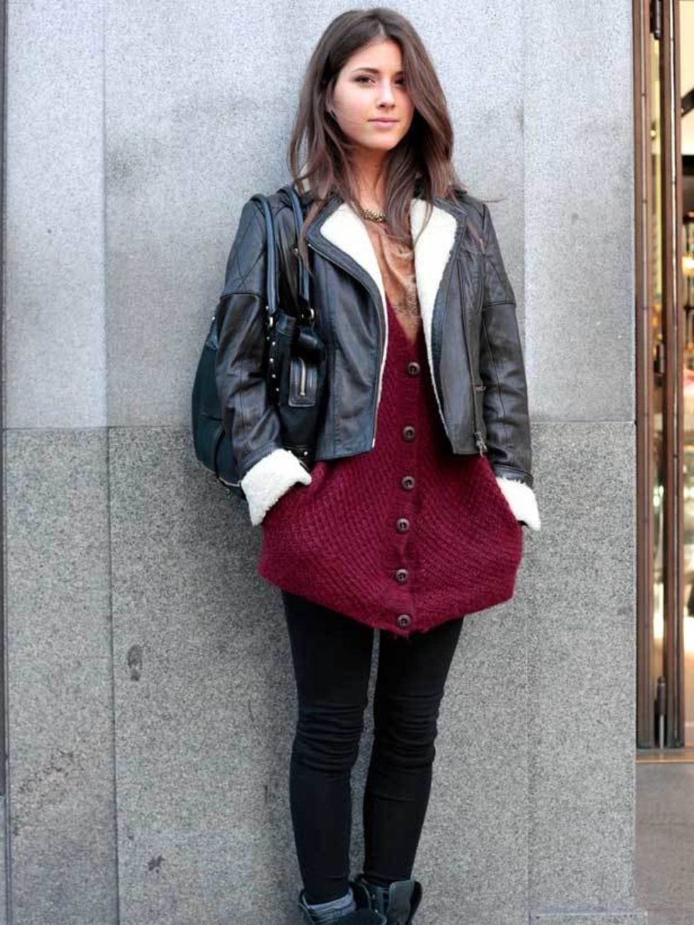<p>Photo by Silvia Olsen @ Anthea SimmsGiada, 19, Student. Reiss jacket, Zara cardigan, Office boots, DKNY bag. </p>