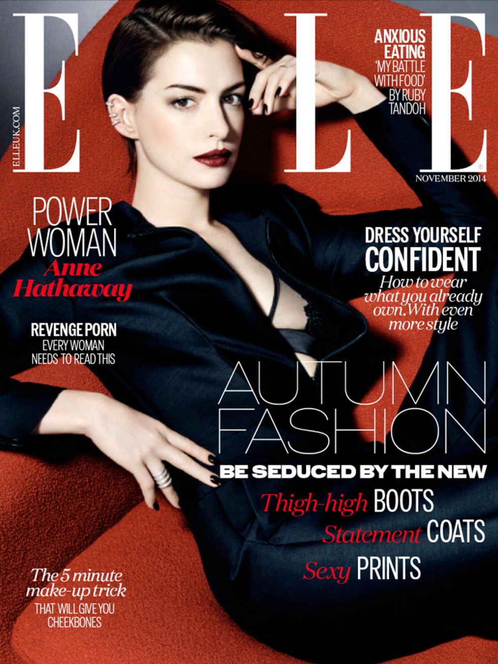 <p>Anne Hathaway on the cover of <a href="http://www.elleuk.com/now-trending/Anne-Hathaway-November-2014-cover-revealed">ELLE November</a> Issue</p>