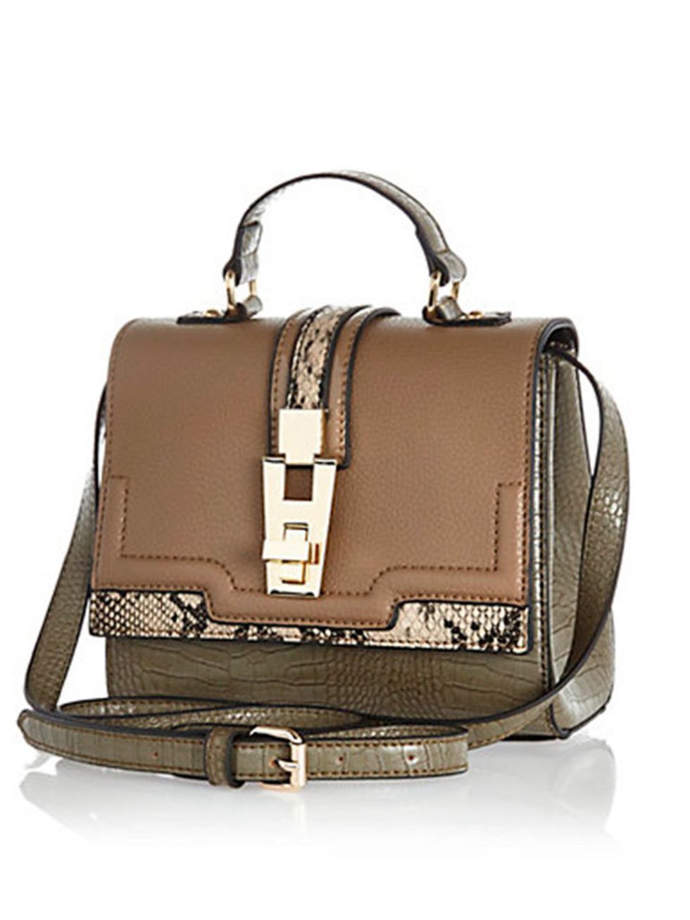 <p>Khaki green and animal print. Two trends in one. </p>

<p> </p>

<p><a href="http://www.riverisland.com/women/bags--purses/shoulder-bags/Khaki-colour-block-structured-cross-body-bag-658938" target="_blank">River Island</a> bag,  £30</p>
