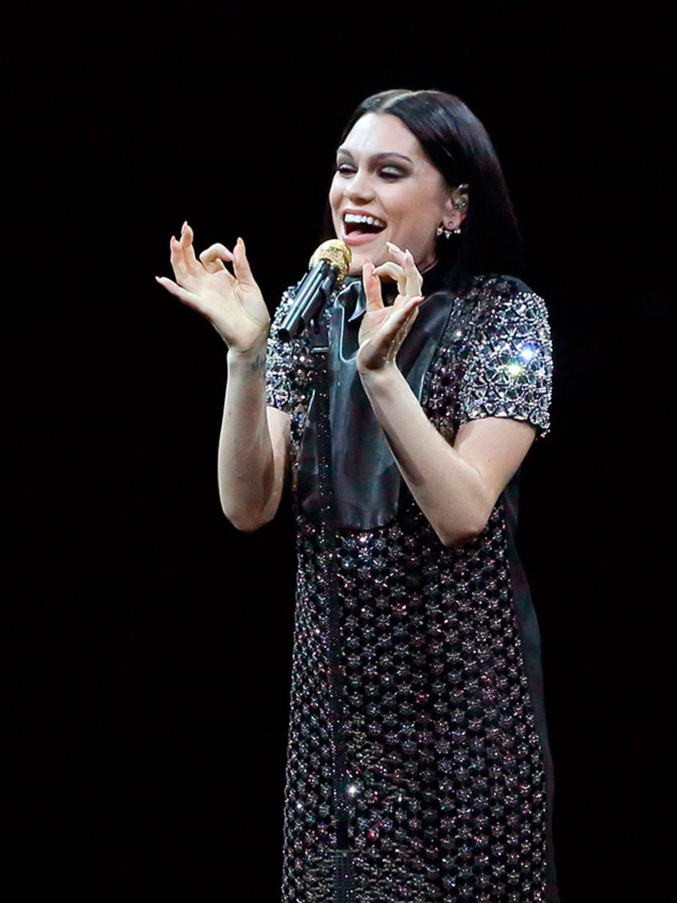 Jessie J performing in a Gucci dress at the The Gucci 50th anniversary in Japan celebration in Tokyo, October 2014.