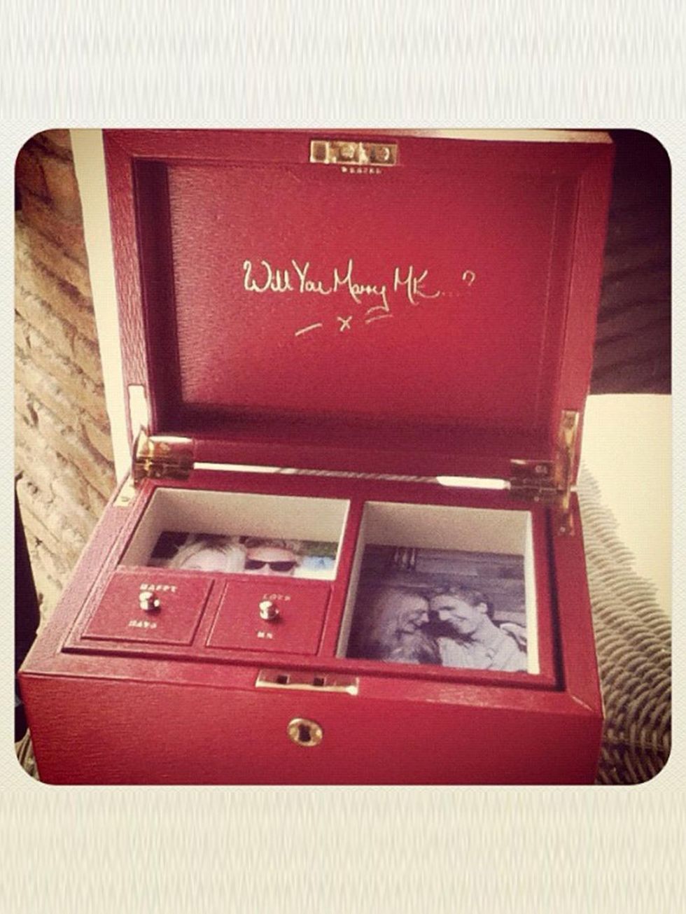<p>Poppy Delevingne tweeted a picture of this Anya Hindmarch leather jewellery box, part of boyfriend James Cook's romantic proposal</p>