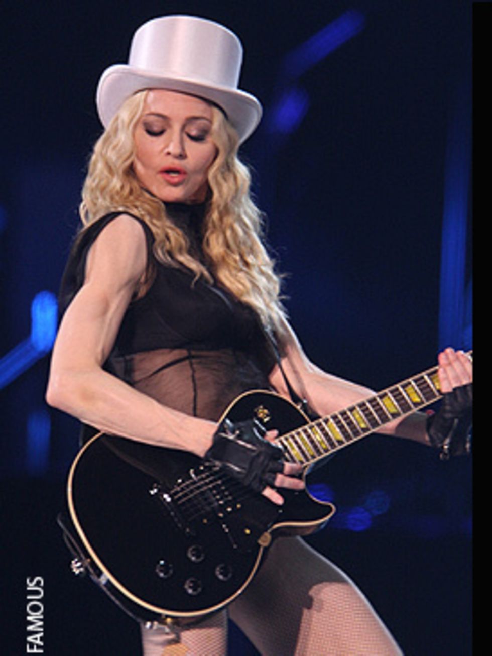 <p>Madonna wows the crowds in Cardiff in some of her most revealing stage costumes to date - this one really is underwear, fishnets and a silver top hat.</p>