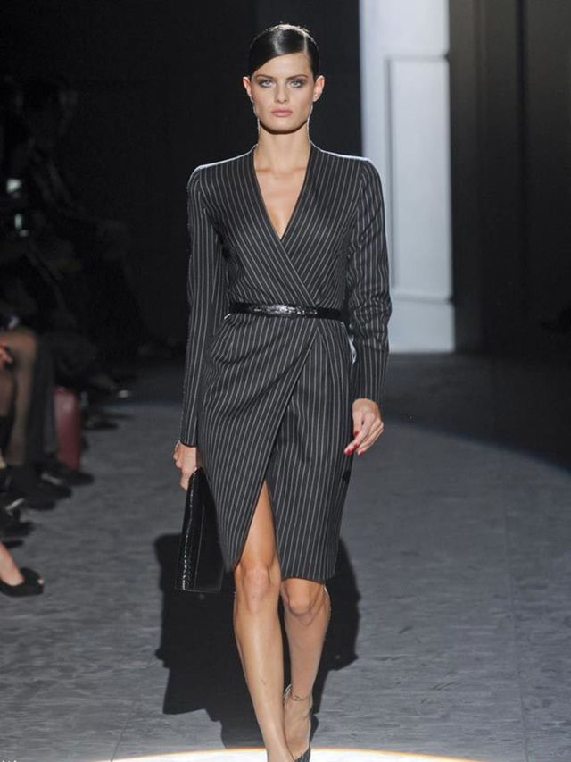 <p>Less hair, same girl, more money. </p><p>The pinstripe reigned, re-worked as long-sleeved knee-length dresses, trench coats and bandeau dresses all finished with a spangly heel. Houndstooth <a href="http://www.elleuk.com/starstyle/celebrity-trends/%28s