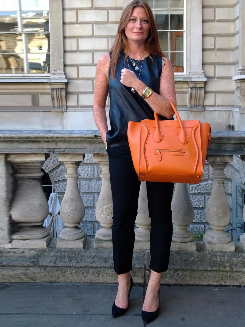 <p>Leah Sheehan, Zara top, trousers and shoes, Celine bag, H &amp; M necklace</p>