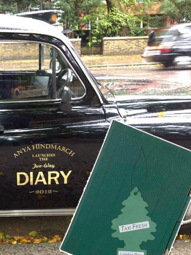 <p>Anya Hindmarch diary and an Anya black cab</p>