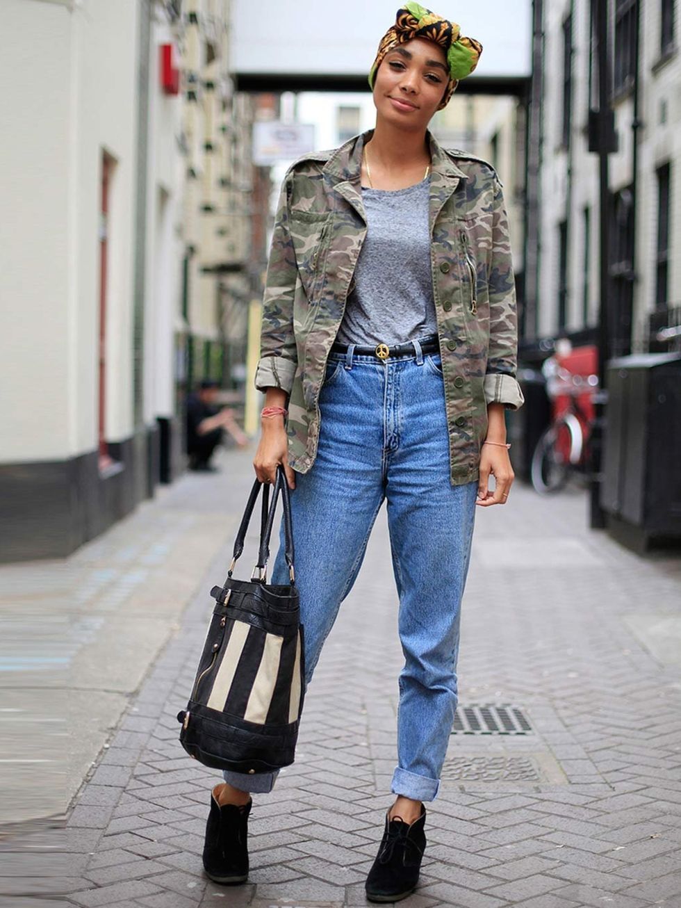 <p>Joanna, 26, TV Researcher. Topshop jacket and t-shirt, American Apparel jeans, Clarks shoes, vintage headscarf, Deena &amp; Ozzy bag.</p>