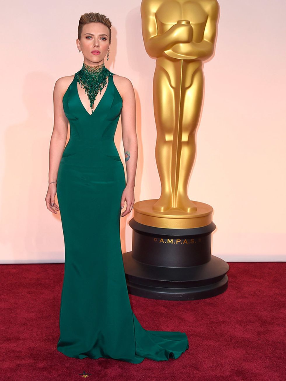 Scarlett Johansson wears Versace at the 2015 Oscars.