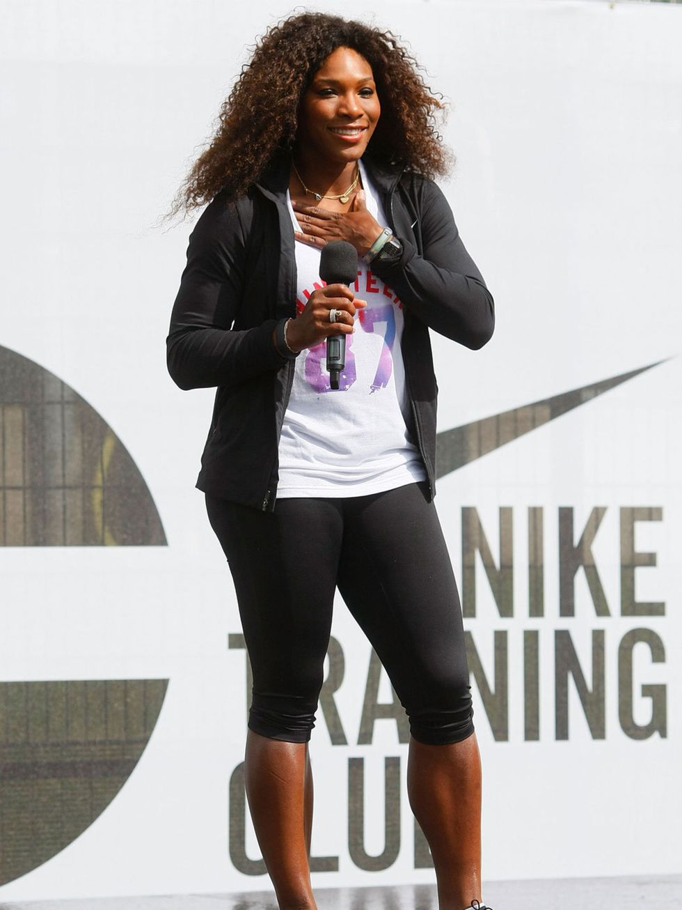 <p>Serena Williams addressing the crowd at the Nike Training Club event</p>