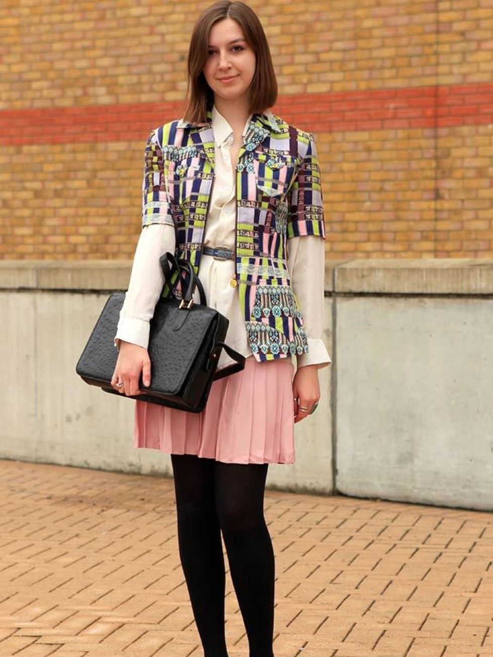 <p>Photo by Anthea Simms.Helena Raywood, 19, Student. Vintage jacket by Christian Lacroix, shirt from Grandmother, vintage belt by Christian Dior, vintage skirt, Etro shoes, vintage bag by Pierre Cardin.</p>