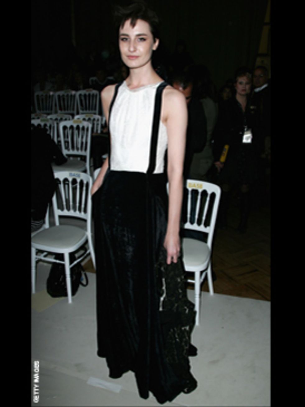 <p>Front row at London Fashion week Erin does her signature androygnous look in high waisted wide-leg wool pants</p>