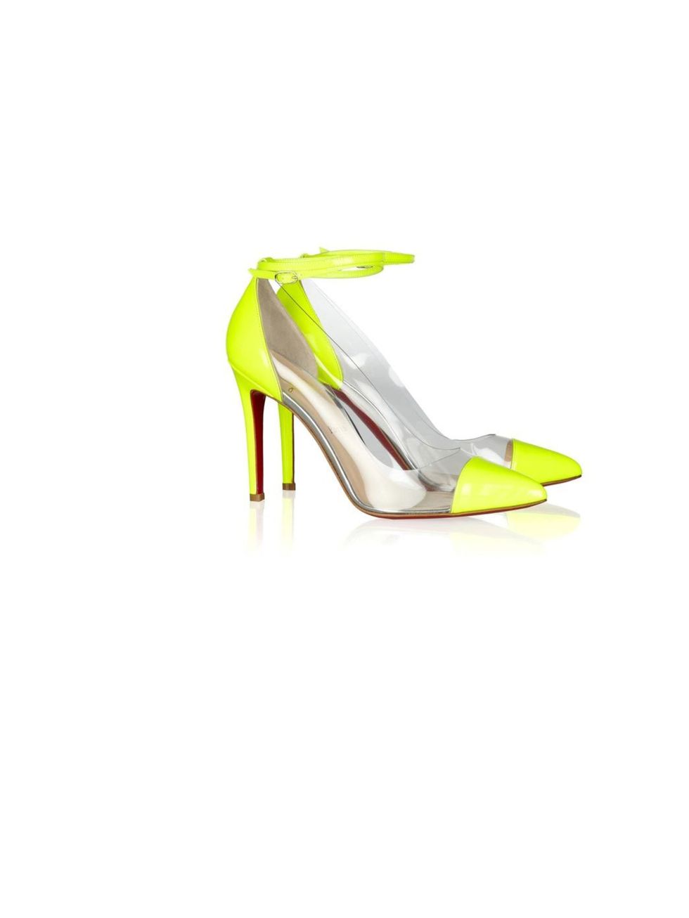 <p>Christian Louboutin 'Un Bout' leather &amp; PVC heels, £475, for stockists call 0207 491 0033</p>