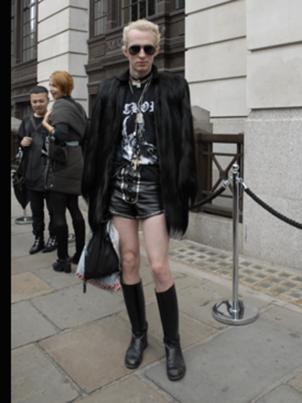 <p>Leather, studded shorts and knee high riding boots all add up to Andy's fetish vibe - very Gareth Pugh S/S 08.</p>