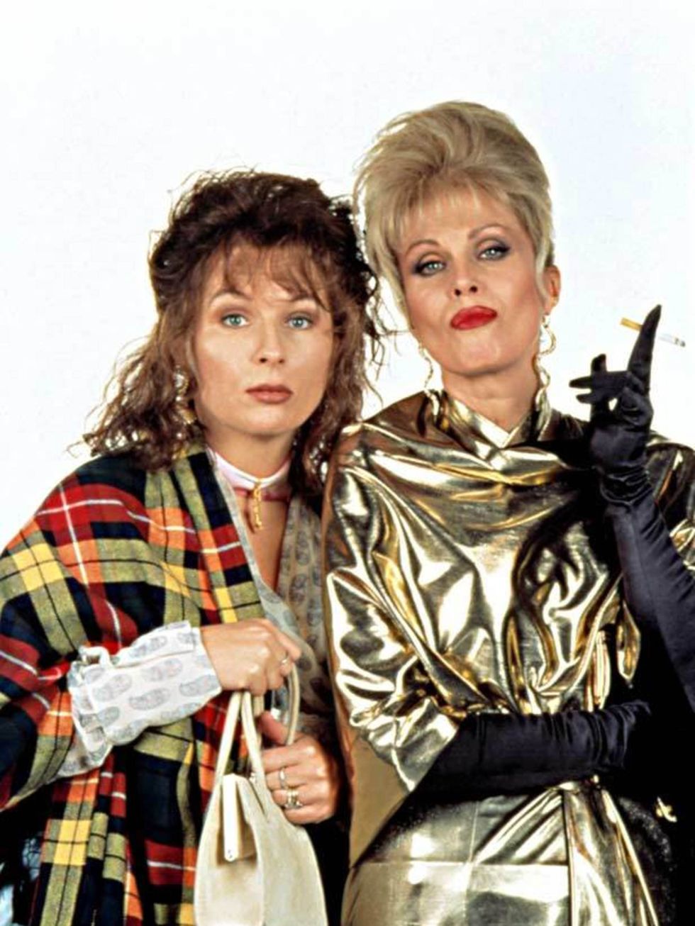 <p>Eddy wears a plaid scarf whilst Patsy does metallics in 'Absolutely Fabulous'.</p>