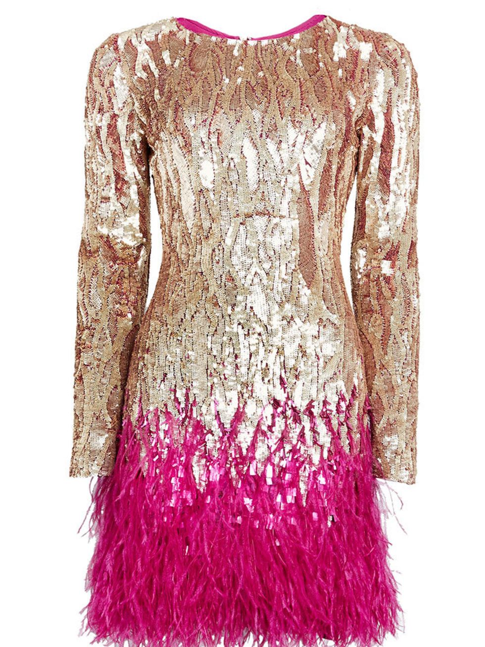 <p>Gold Liquid Sequin Feather Trimmed Mini Dress,</p>

<p><a href="http://www.matthewwilliamson.com/shop/product/5393/liquid-sequin-mini-dress">Buy online</a></p>