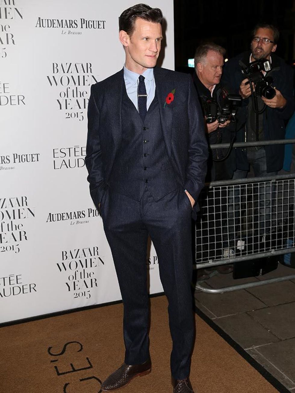 <p>Matt Smith wears Thom Sweeney to the Harpers Bazaar Women of the Year Awards in London, November 2015.</p>